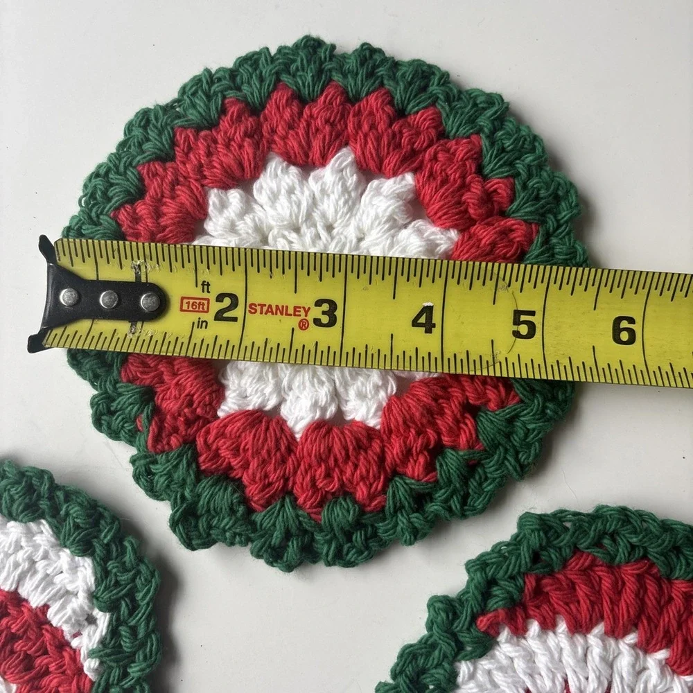 Set of 3 Handmade Crochet Christmas Coasters Peppermint Candy Cane Spiral